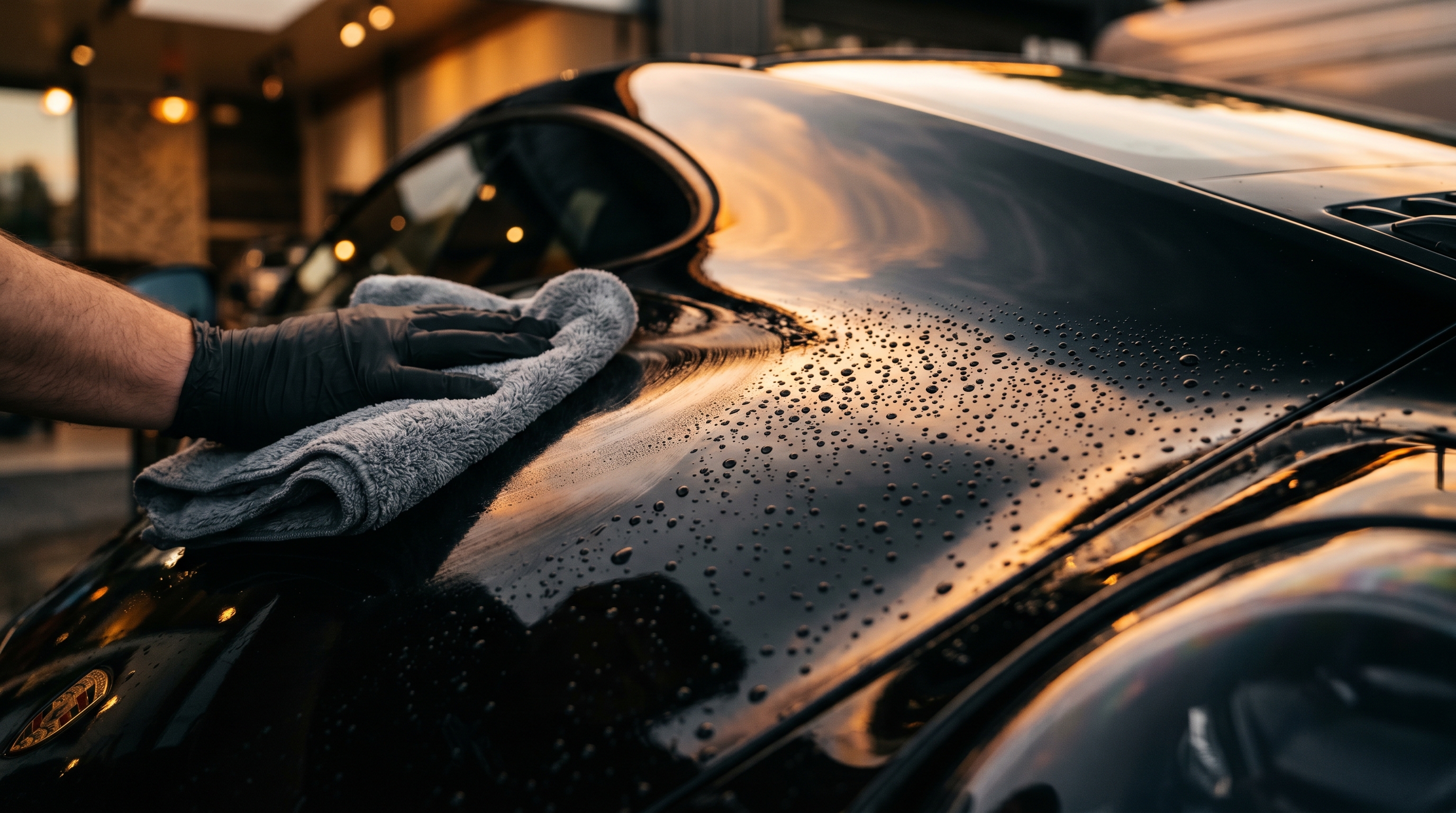 Detailing a black luxury car at golden hour